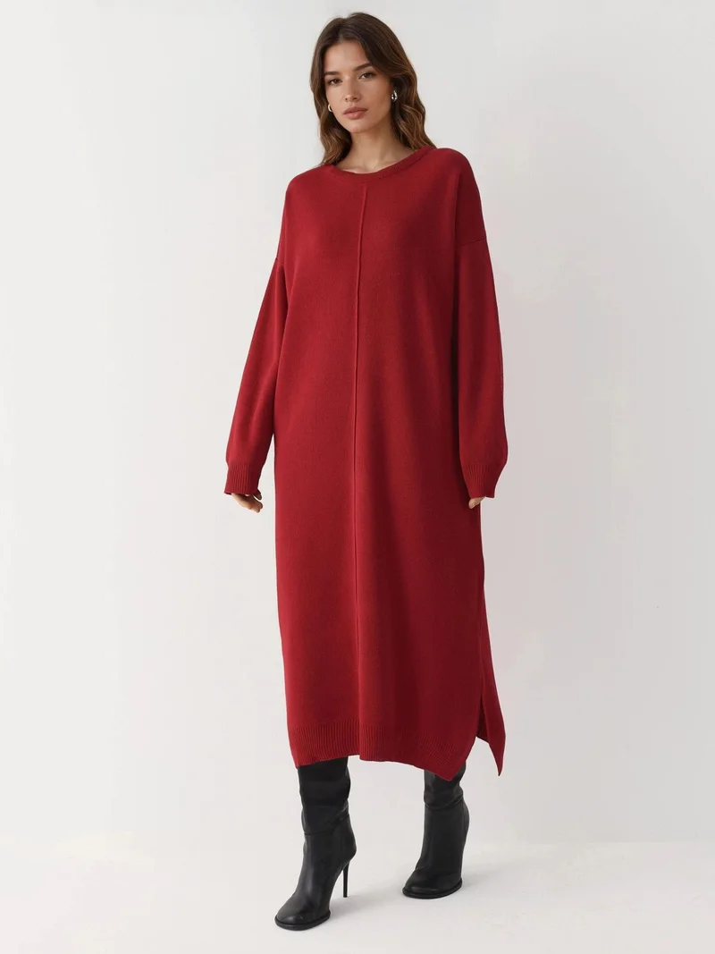 MY FASHION MY FASHION Textured Ribbed Long Knit Dress with Slit Detail